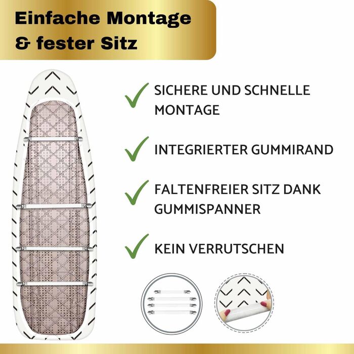 Гайок для прасувальної дошки 120x40 см з бавовни - підходить для прасування парою, з товстим наповнювачем + фіксатор та натягувач (бежево-чорний / трикутники, S)