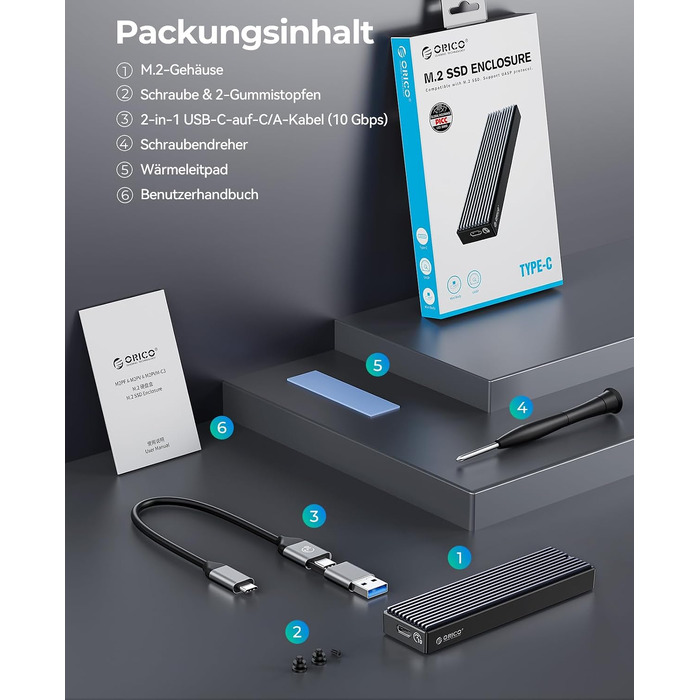 Зовнішній корпус (кейс) ORICO M.2 NVMe SSD USB-C 3.2 Gen2 10Gbps для PCIe M-Key/M+B Key (2230/2242/2260/2280), з підтримкою UASP