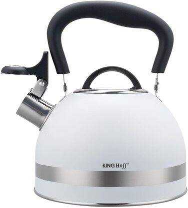 Чайник Kinghoff 1.8L з нержавіючої сталі з свистком, для індукційних плит, компактний, з нержавіючої сталі, матовий білий