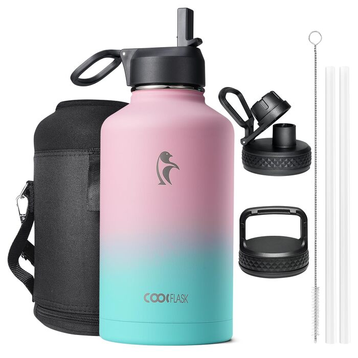 Термопляшка Coolflask 2л з соломинкою та 3 кришками, нержавіюча сталь, для спорту/офісу, герметична (Bubble Gum, 1893 мл)