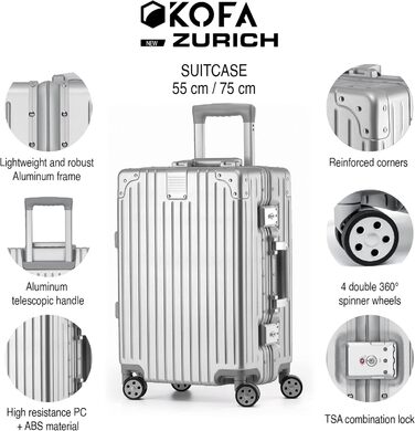 KOFA Zurich: Набір валіз 2 шт. (M-55см, XL-75см), алюмінієвий каркас, полікарбонатний корпус, ручна/здійснювана, спіннер з 4 колесами, TSA-замок, 35л + 94л (срібний)