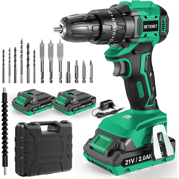 Акумуляторний шуруповерт BETENST 21V: 42Nm, 2.0Ah, 25+3 рівня крутного моменту, 2 швидкості, 10 мм патрон, LED, 30-ти елементний набір для дому, саду, DIY