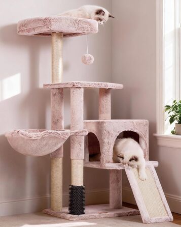 Котячий будиночок Heybly з щіткою для котів, котячий будиночок для домашніх котів з оббитою м'якою стійкою, котячий когтетоп з кошиком, когтеточкою та когтедровом, HCT005SG (коричнево-бежевий)