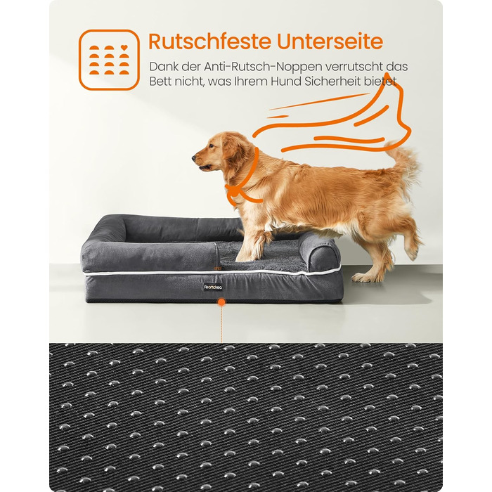 Ортопедичне ліжко для собак Feandrea, м'яке, з піднятими бортиками, знімний чохол, 106 x 76 x 18 см, сіре