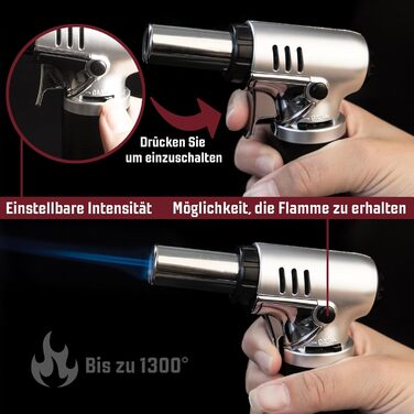 Професійний газовий пальник MOKUTON з можливістю заправки бутаном - кухонний Бюксенбернер для крем-брюле, точне регулювання полум'я, просте використання та виняткова довговічність