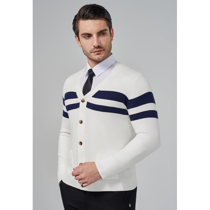 Чоловічий в'язаний кардиган KUYIGO з V-подібним вирізом, ґудзиками, довгим рукавом, легкий, м'який, з вовняної суміші, з кишенями, смугастий (XXL, XXXL, білий/блакитний)