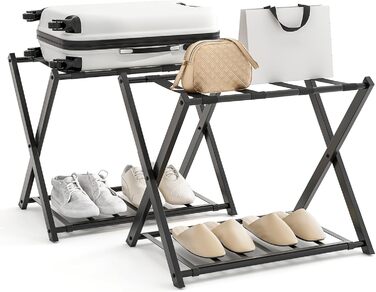 GIANTEX Folding Luggage Rack, 2-Tier, 68 x 43 x 58 cm, Luggage Stand, Metal Luggage Rack, Space-Saving, Luggage Rack for Bedroom, Guest Room, Hotel, Black (2 Pieces, Black)