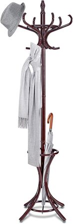 COSTWAY 184cm Wardrobe Rack with Umbrella Holder, Coat Rack with 12 Clothes Hooks, Clothes Rack made of Wood, Freestanding Wardrobe for Entryway, Living Room and Bedroom (Brown)