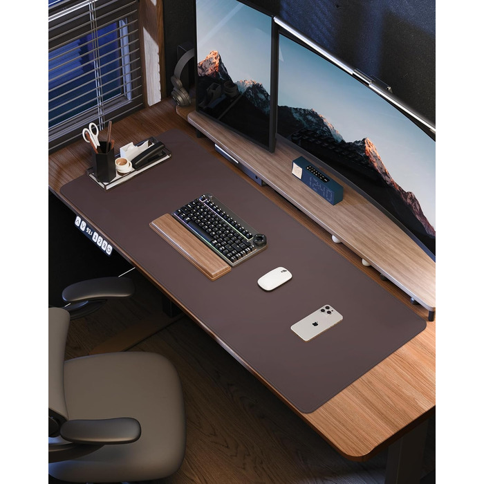 Офісний килимок для миші та столу зі шкіри, 90x43 см / 141x61 см (кава). Захист столу, підкладка для ноутбука для офісу та дому