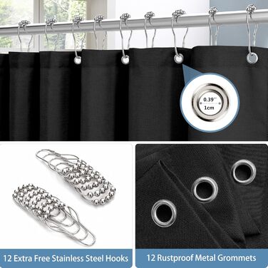 Штора для ванної Waffel з кільцями, водовідштовхувальна, антигрибкова, льон-чорний, 182x182 см (H244 x B182 см)
