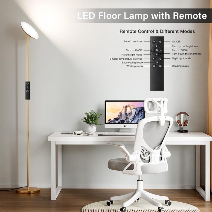LED торшер PreeOtti для вітальні з димуванням, стельовий світильник LED з дистанційним керуванням та сенсорним, 36W, 3 колірні температури, регулювання, чорний (B-gold)