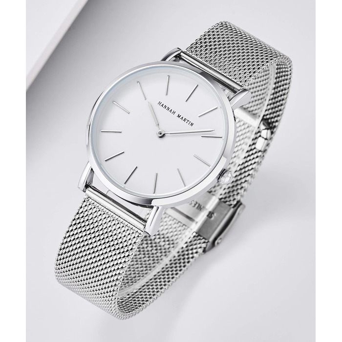 Жіночий годинник Hannah Martin: аналоговий кварц, водонепроникний, з нержавіючої сталі, ультратонкий, сіре мережате плече, біле покриття