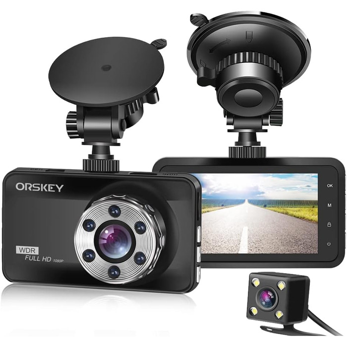 Відеореєстратор ORSKEY Dashcam Auto Vorne und Hinten 1080P Full HD з двома об'єктивами, 170° кут огляду, Loop-запис, G-сенсор, WDR, Parkmodus