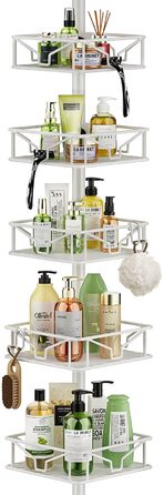 Кутовий телескопічний поличний органайзер для душу Bomclap з 5 кошиками, металевий, регульована висота 106-287 см, для ванни та душу, без свердління, білий