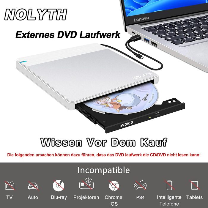 Зовнішній DVD-накопичувач для ноутбука Ultra Slim: портативний CD/DVD привід USB з картридером SD/TF для Mac, MacBook, Windows