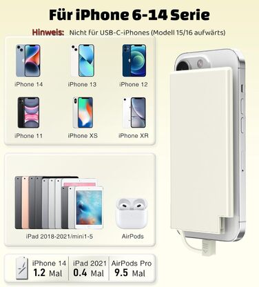 Power Bank Auskang 5000mAh Slim з кабелем для iPhone (сумісний з iPhone 14 та попередніми моделями) - тонкий, легкий, портативний зовнішній акумулятор (білий)