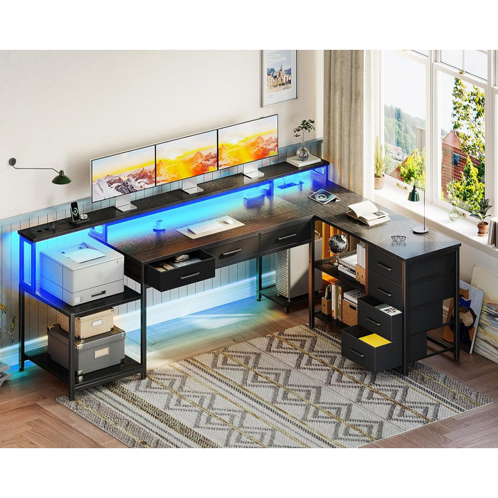 Ігровий стіл Coleshome з 7 висувними ящиками та великим об'ємом зберігання, 199.5×145.5 см, кутовий стіл з RGB LED підсвічуванням, реверсивний L-подібний стіл з 2 розетками, ідеальний для офісу та геймінгу, чорний, 199.5×145.5 см