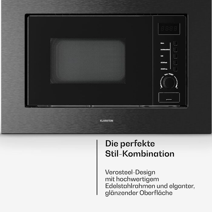 Мікрохвильова піч Klarstein Verosteel Einbaumikrowelle 60 см з грилем – 20L, 700W, 8 програм, сенсорне керування, нержавіюча сталь, функція розморожування, LED-підсвічування, чорна нержавіюча сталь
