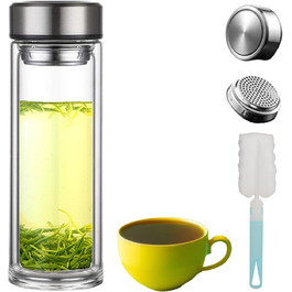 Double-walled glass tea bottle, 1 liter, with 2-in-1 stainless steel strainer for on-the-go use. 1000ml large volume, tea bottle 100% leak-proof, 1 l (350ml single serve).