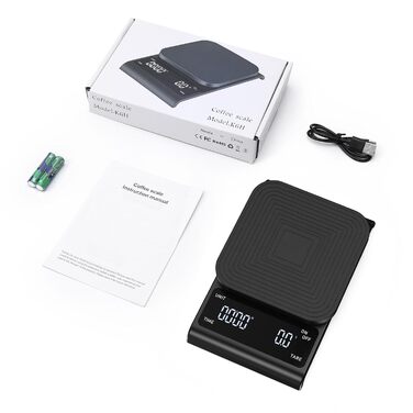 Ваги для кави Brifit з таймером, ваги для еспресо 3 кг/0.1 г, високоточні ваги, USB-зарядка, ваги для кухні, LED-дисплей, функція тарування, автоматичне вимкнення, чорний