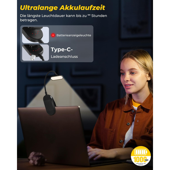 Світлодіодна лампа для читання Bonsery з USB-зарядкою, 16 LED, 3 режими температури кольору та регульована яскравість, гнучка настільна лампа для читання в ліжку, чорна