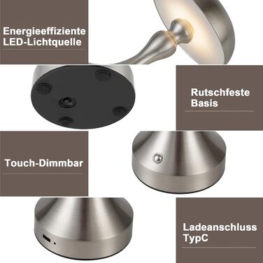 Бездротова настільна лампа Nicke - LED торшер з торканням, регульоване освітлення, USB зарядка, вінтажний дизайн, для спальні та вітальні