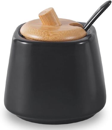 Цукорниця Pullmer з кераміки з кришкою з бамбука та ложкою, цукровий контейнер (чорна, кругла квадратна)