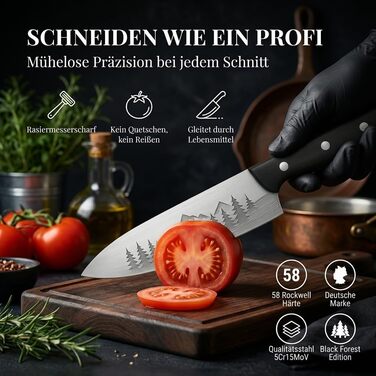 Ніж кухарський FIXLINE® Chefmesser 20 см BLACK FOREST Edition – професійний ніж для кухні, нержавіюча сталь, чорна дерев'яна ручка, подарункова упаковка