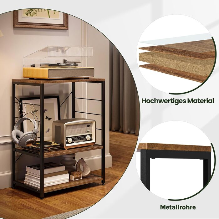 Kitchen Shelf, Microwave Shelf with 4 Hooks, Baking Shelf with 3 Tiers, Storage Shelf for Kitchen, Cafe, Living Room, Bathroom, 60 x 82 x 40 cm, Vintage Wood Look + Black