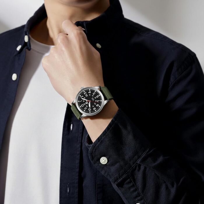 Годинники чоловічі LN LENQIN аналогові кварцові на нейлоновому ремінці, водостійкі 30M, з датою (зелені, срібні, чорні)