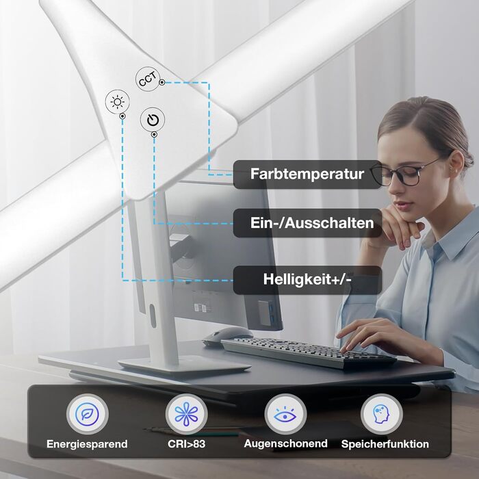 LED лампа настільна для офісу та дому, світло для монітора, 1400 люмен, регульована яскравість, кріплення-прищіпка, світло для робочого місця, гнусий шийка, подвійний насадка, 5 режимів кольору та рівнів яскравості, білий колір, 64 см