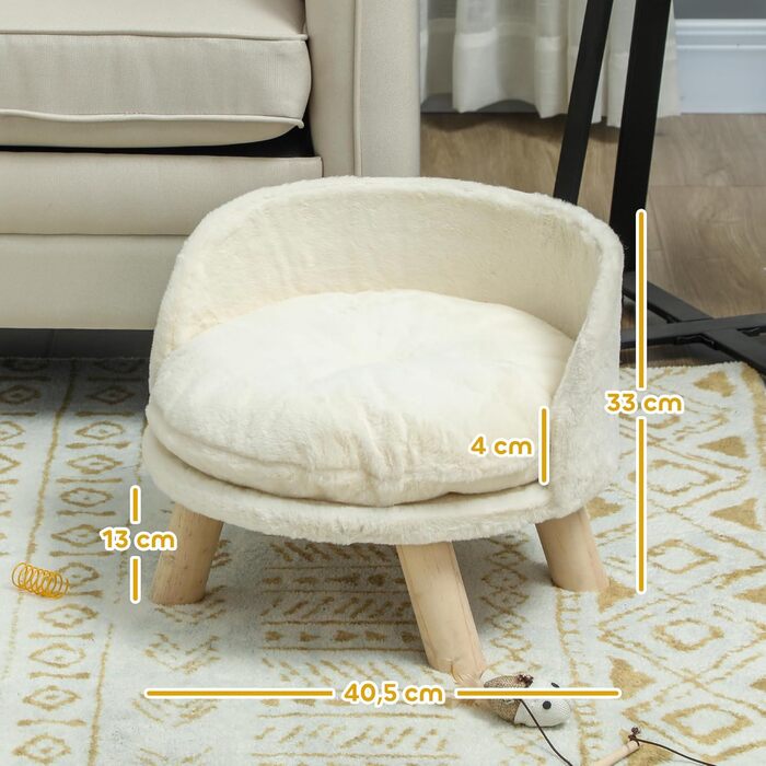 PawHut Софа для собак з подушкою, дерев'яні ніжки, миється, підняте ліжко для домашніх тварин, софа для котів та маленьких собак, 40,5 x 40,5 x 33 см (кремово-білий)