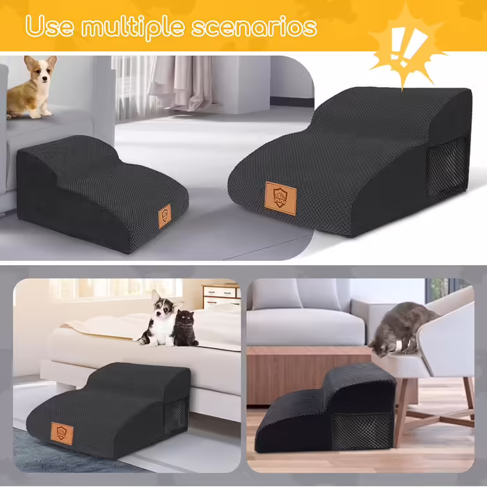 2-Step Dog Stairs, 40cm Cat Stairs with Washable Cover, Dog Stairs for Small Dogs, Pet Stairs for Dogs and Cats, Cat Stairs for Senior Cats, Black (2-Step Wide Dog Stairs Black)