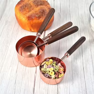 4-piece stainless steel measuring spoon set with walnut wood handle, copper measuring cup set for baking and cooking (Color: A, Size A)