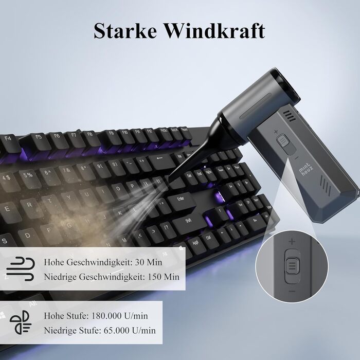 Електричний пилосос Minthouz для чищення повітрям: 180000 об/хв, акумуляторний, для ПК, клавіатури, авто