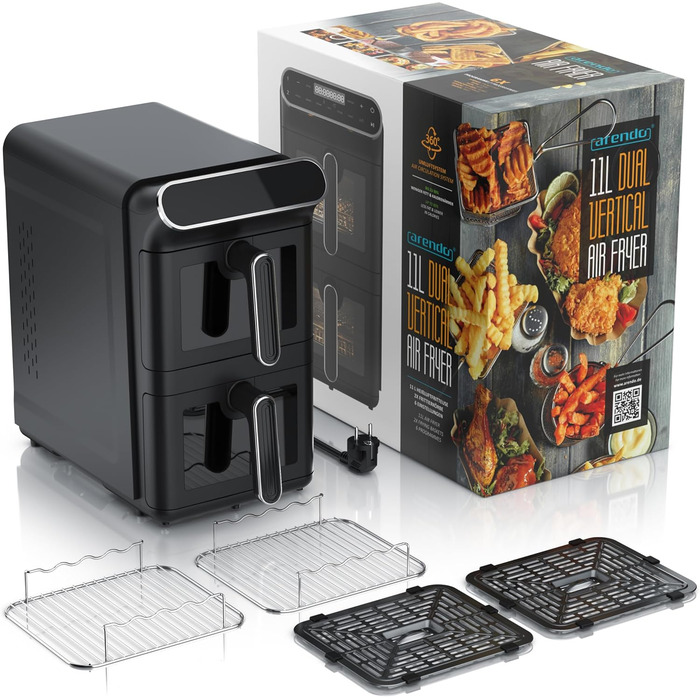 Фритюрниця Arendo з гарячим повітрям XXL Dual Zone з 2 камерами – 11 л – 2 зони – Airfryer з подвійними камерами та вікном – 6 програм – Без BPA – 3D циркуляція повітря – Функції Sync та Match A: 11 літрів