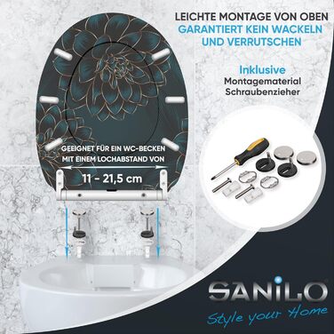Сидіння для унітаза Sanilo з мікроліфтом (м'яке закриття), стійкі петлі, легкий монтаж, принт Dahlien