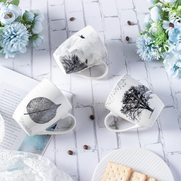 Набір з 4 чашок для кави, 350 мл, кераміка, з різними малюнками дерев, чашка для кави