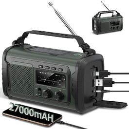 Радіо на сонячній батареї та ручному заводі Kurbelradio 27000mAh з SOS, Bluetooth, Powerbank, ліхтариком для кемпінгу та екстрених ситуацій (Зелений)