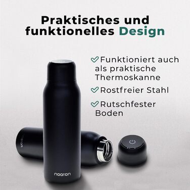 Naturaq Schwarz 600 ml, UV-C, Water Purifier, Self-Cleaning Stainless Steel Insulated Water Bottle, Thermos, Lightweight, for Camping, Hiking, Travel