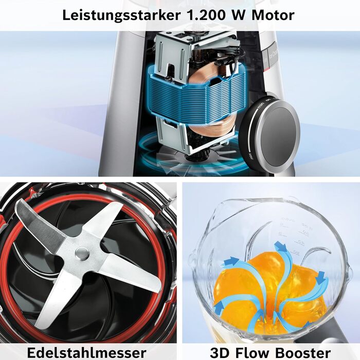 Блендер Bosch VitaPower Serie 4 MMB6172S, 1200 Вт, 1,5 л, скляна чаша, нержавіючі леза, 30 000 об/хв, сріблястий, частини для посудомийки