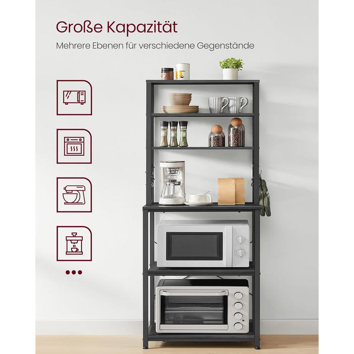 Стелаж кухонний VASAGLE, підлоговий, для мікрохвильової печі, 6 полиць, 6 гачків, сталевий каркас, рустикальний стиль, 40 x 60 x 167 см, золотий дуб + білий, KKS024W09