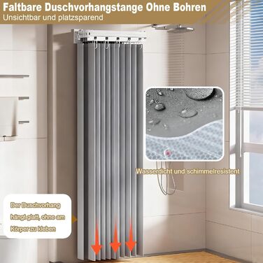 Шторка для душу з розсувною штангою без свердління, 4 секції, обертається, алюмінієвий сплав, водонепроникний антибактеріальний душ-завіса 180x200 см, для ванної кімнати та ванни (білий/сірий)