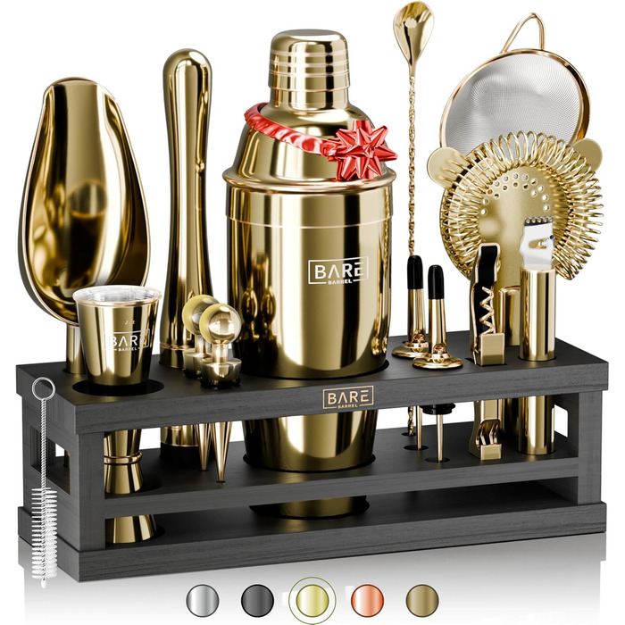 Набір бармена BARE BARREL® для приготування коктейлів | 16 предметів | Шейкер, барний аксесуар, інструменти для дому | 35 рецептів | Подарунковий набір