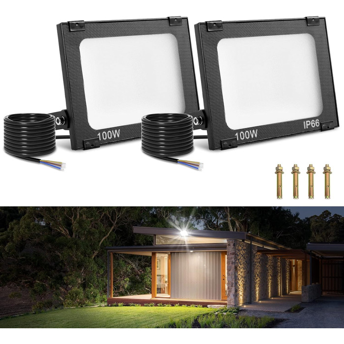 Viugreum 2 Pack 100W LED Flood Lights Outdoor 8000LM Outdoor Floodlight IP65 Outdoor Spotlight 5000K Floodlight Cold White Spotlight Floodlight with 50cm Cable for Backyard Driveway Garage Hallway
