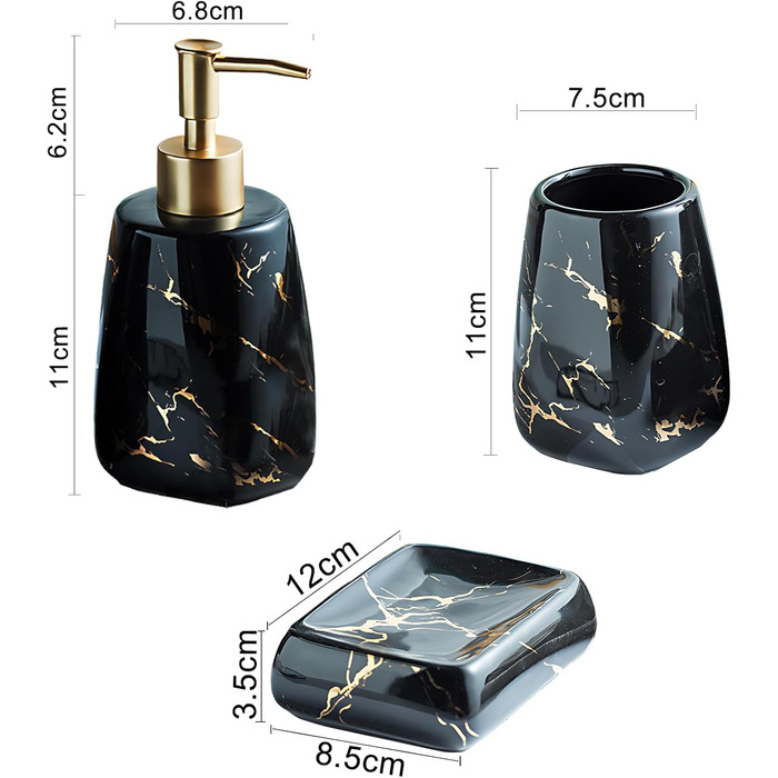 Набір аксесуарів для ванної кімнати XUDREZ з малюнком мармуру, кераміка, набір з 3 предметів: дозатор для лосьйону, стаканчик для зубних щіток, мильниця, чорний глянцевий, преміум якість