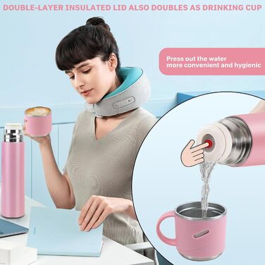 Термос IAGORYUE з нержавіючої сталі, 0.55л, з ізоляцією та кришкою без витоку, з ручкою. Подвійні стінки, зберігає температуру 12 годин. Для спорту, офісу, відпочинку на природі (Рожевий)