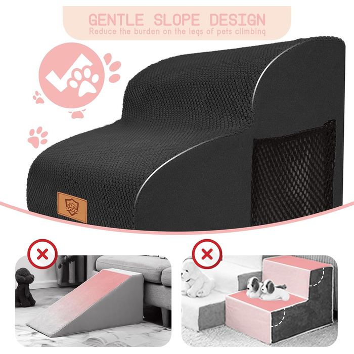 Myiosus Dog Stairs for Bed, 2-Step Foam Pet Stairs for Sofa with Removable Waterproof Cover, Non-Slip Dog Ramp Ladder for Small Dogs and Cats, 40 x 40 x 30 cm, Black