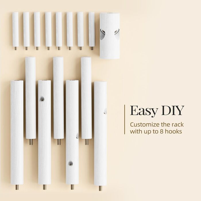 Freestanding Coat Rack with 3 Adjustable Heights & 8 Hooks, Sturdy Wooden Clothes Rack for Clothing, Hat, Used in Bedroom/Office/Entryway, White