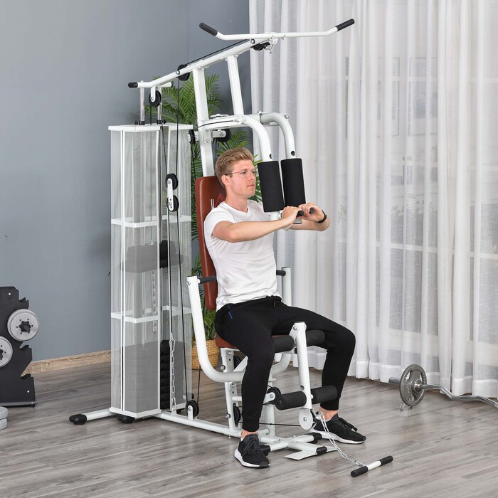 HOMCOM Home Fitness Station, total weight 45kg, with press arm, leg developer, rolling pads, PU leather, 150 x 110 x 210 cm, White | Aosom